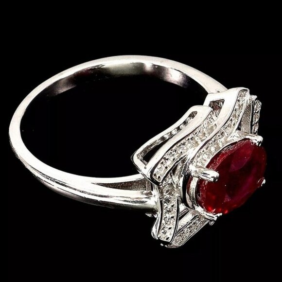 925 Sterling Silver Ring Sz 6.75 with Natural Ruby 8x6mm & White Topaz - Picture 3 of 3